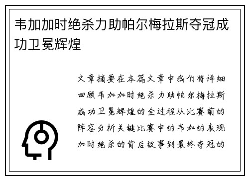 韦加加时绝杀力助帕尔梅拉斯夺冠成功卫冕辉煌
