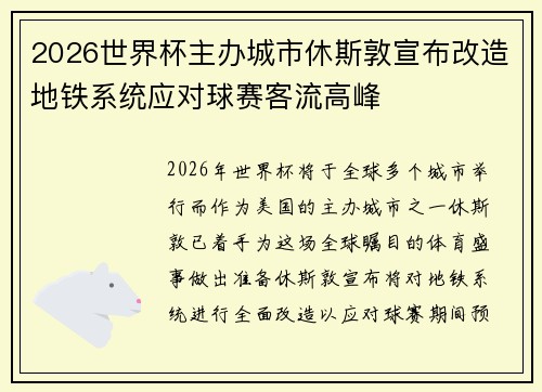 2026世界杯主办城市休斯敦宣布改造地铁系统应对球赛客流高峰