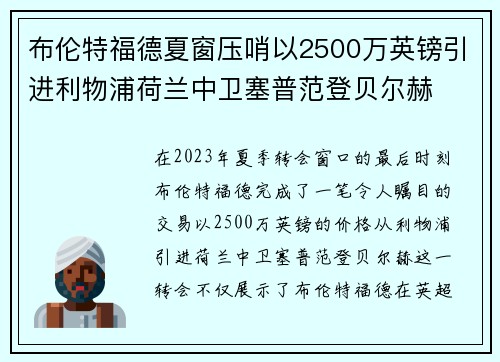 布伦特福德夏窗压哨以2500万英镑引进利物浦荷兰中卫塞普范登贝尔赫